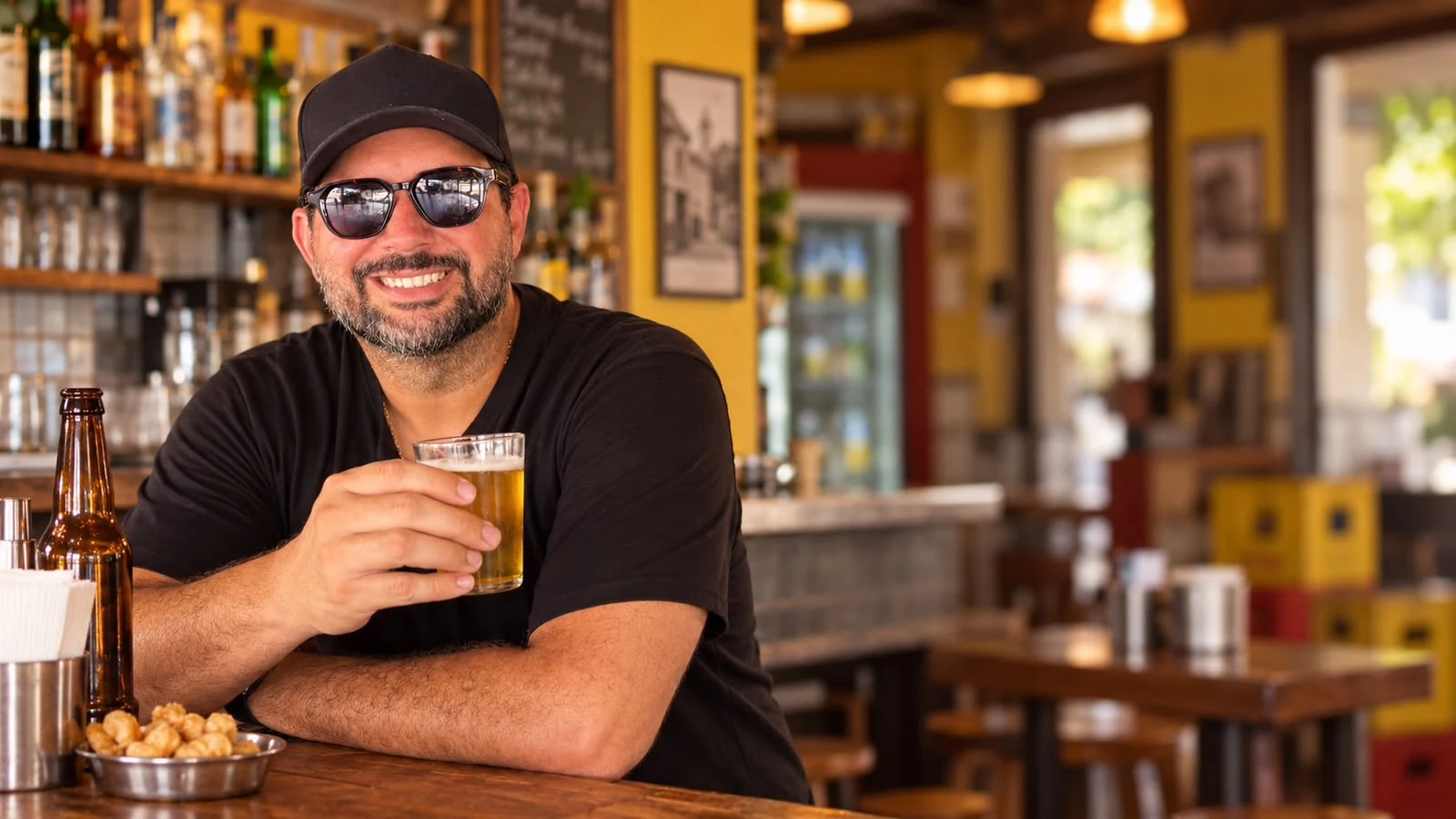 Francis Eduan sorrindo e segurando um copo de cerveja no balcão do Bar do Parque